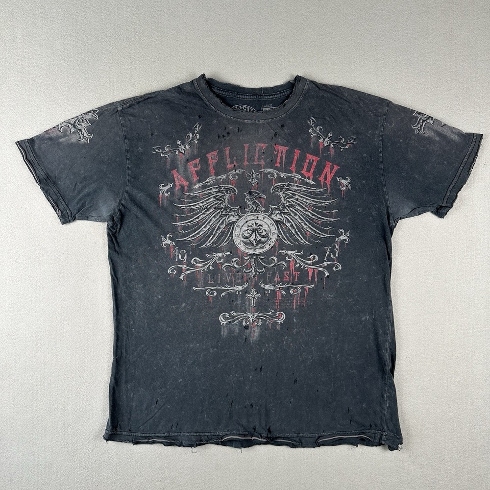 Affliction Shirt Men's Large Faded Black Distressed Live Fast Eagle Biker Y2K